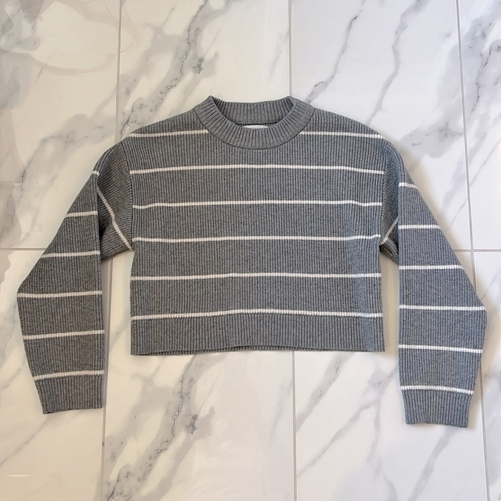 Zara Gray & Cream Striped Cropped Sweater Girls Size 11/12